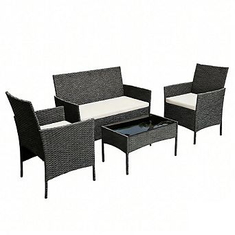 4 pc All-Weather Patio Set, Rattan Chairs with Cushions & Glass Table for Outdoor