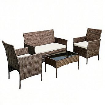 4 pc All-Weather Patio Set, Rattan Chairs with Cushions & Glass Table for Outdoor