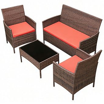 4 pc All-Weather Patio Set, Rattan Chairs with Cushions & Glass Table for Outdoor