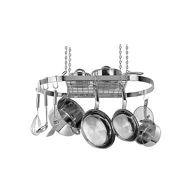 Ceiling Pot Rack with Upper Storage Shelf for Pans, Pots, and Utensils, Silver, 33 inches