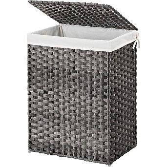23.6 in Tall Laundry Hamper with Lid and Removable Liner, Grey Rattan-Style Storage Basket