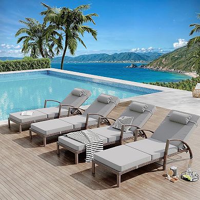 Set of 2 Adjustable Patio Chaise Lounge Chairs, 5-Position Rattan Recliners with Cushions