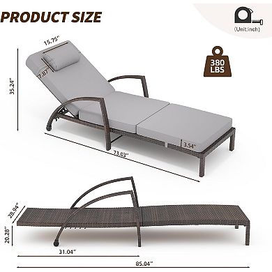 Set of 2 Adjustable Patio Chaise Lounge Chairs, 5-Position Rattan Recliners with Cushions