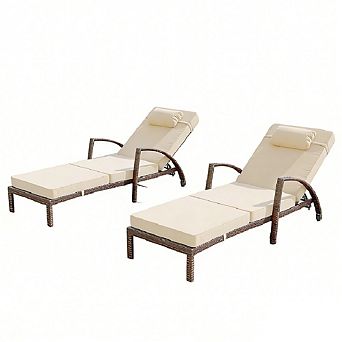 Set of 2 Adjustable Patio Chaise Lounge Chairs, 5-Position Rattan Recliners with Cushions