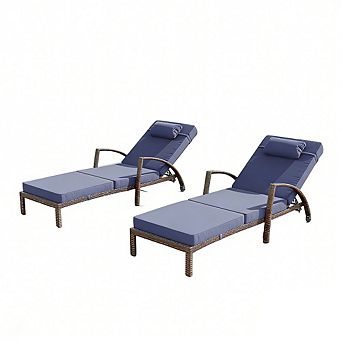 Set of 2 Adjustable Patio Chaise Lounge Chairs, 5-Position Rattan Recliners with Cushions