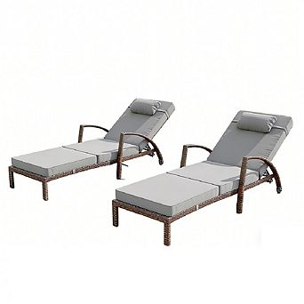 Set of 2 Adjustable Patio Chaise Lounge Chairs, 5-Position Rattan Recliners with Cushions