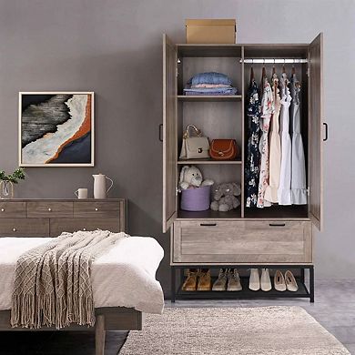 70.9-inch Modern Wardrobe Armoire with 2 Doors, Drawer, and Clothes Rails, Retro Grey Cabinet