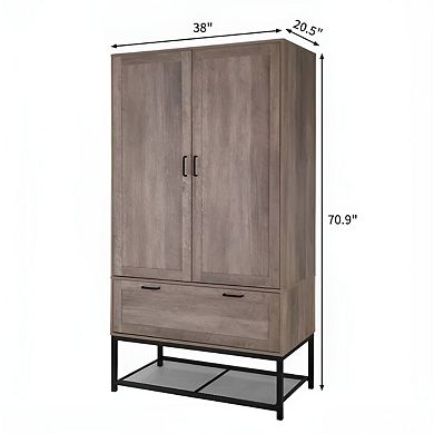 70.9-inch Modern Wardrobe Armoire with 2 Doors, Drawer, and Clothes Rails, Retro Grey Cabinet