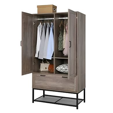 70.9-inch Modern Wardrobe Armoire with 2 Doors, Drawer, and Clothes Rails, Retro Grey Cabinet