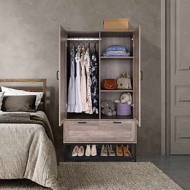70.9-inch Modern Wardrobe Armoire with 2 Doors, Drawer, and Clothes Rails, Retro Grey Cabinet