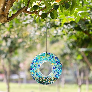 Glitzhome 8''D Glass Round Hanging Multi-Color Mosaic Birdfeeder