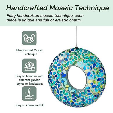 Glitzhome 8''D Glass Round Hanging Multi-Color Mosaic Birdfeeder