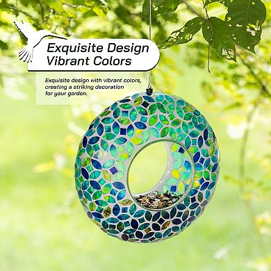 Glitzhome 8''D Glass Round Hanging Multi-Color Mosaic Birdfeeder