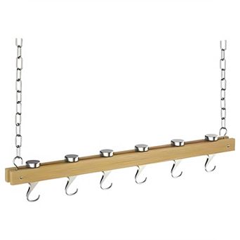 36-Inch Wood Hanging Pot Rack with Swivel Hooks, Ceiling or Wall Mount Design, Brown