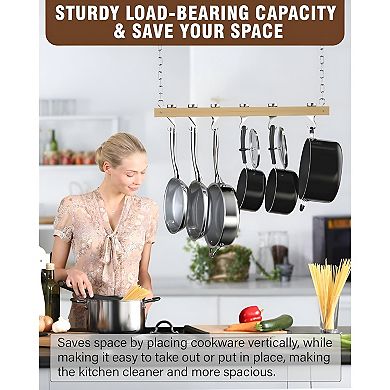 36-Inch Wood Hanging Pot Rack with Swivel Hooks, Ceiling or Wall Mount Design, Brown