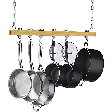 36-Inch Wood Hanging Pot Rack with Swivel Hooks, Ceiling or Wall Mount Design, Brown