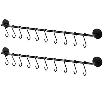 Wall Mounted Cookware Storage Racks Set of 2, Black Metal with Hanging Hooks