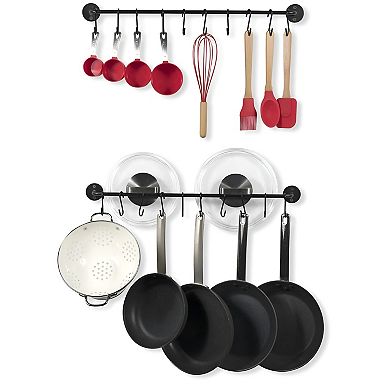 Wall Mounted Cookware Storage Racks Set of 2, Black Metal with Hanging Hooks