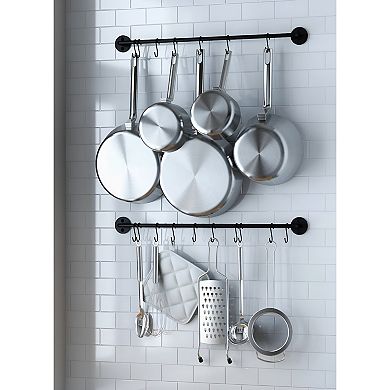 Wall Mounted Cookware Storage Racks Set of 2, Black Metal with Hanging Hooks