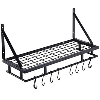 Wall Mounted Stainless Steel Pot Rack with Hooks, Matte Black Kitchen Organizer, 24.61 in W