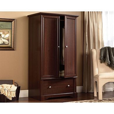 Rustic Cherry Wardrobe Armoire with Hanging Rod and Storage Drawer for Bedroom Use, 66.5'' H