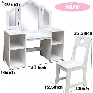 2 in 1 Wooden Princess Makeup Desk Dressing Table, Kids Vanity with Mirror, Light,Stool & Drawer