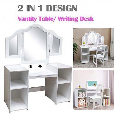2 in 1 Wooden Princess Makeup Desk Dressing Table, Kids Vanity with Mirror, Light,Stool & Drawer
