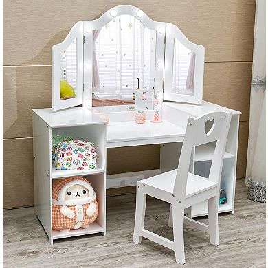 2 in 1 Wooden Princess Makeup Desk Dressing Table, Kids Vanity with Mirror, Light,Stool & Drawer