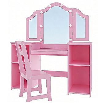 2 in 1 Wooden Princess Makeup Desk Dressing Table, Kids Vanity with Mirror, Light,Stool & Drawer