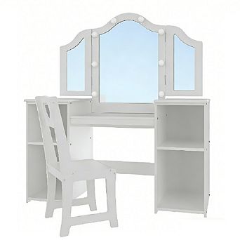 2 in 1 Wooden Princess Makeup Desk Dressing Table, Kids Vanity with Mirror, Light,Stool & Drawer
