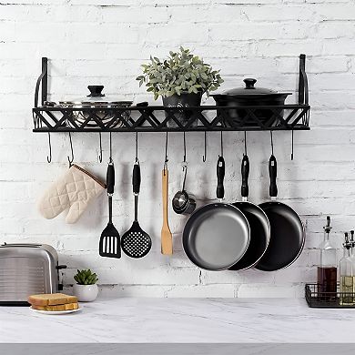 Kitchen Wall Organizer with 12 Hanging Hooks and Top Storage Shelf, Black, 36.25"