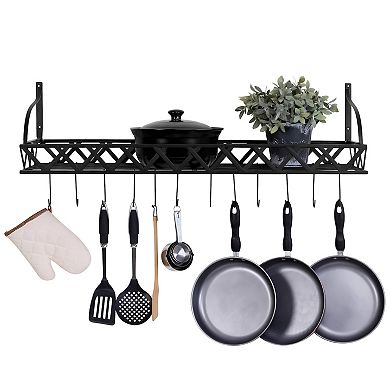 Kitchen Wall Organizer with 12 Hanging Hooks and Top Storage Shelf, Black, 36.25"