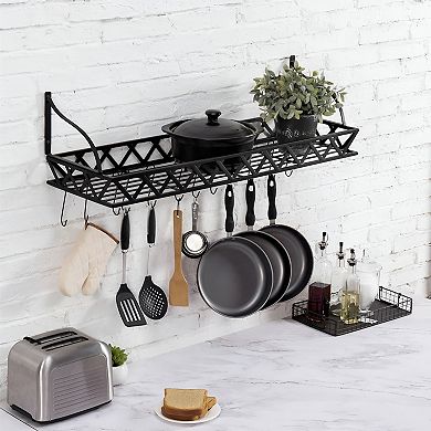 Kitchen Wall Organizer with 12 Hanging Hooks and Top Storage Shelf, Black, 36.25"