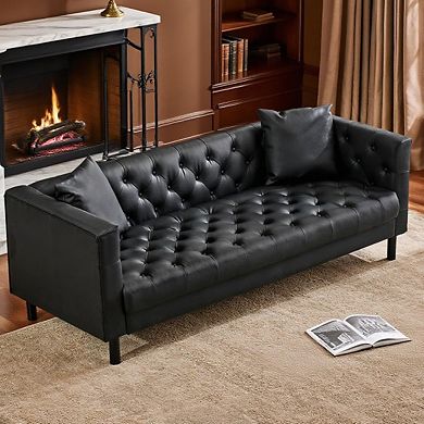 81" Chesterfield Leather Sofa, Modern PU Leather 3-Seat Couch