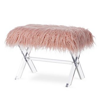 Glitzhome 24.00"L Pink Faux Fur Acrylic Bench