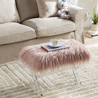 Glitzhome 24.00"L Pink Faux Fur Acrylic Bench
