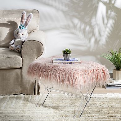 Glitzhome 24.00"L Pink Faux Fur Acrylic Bench