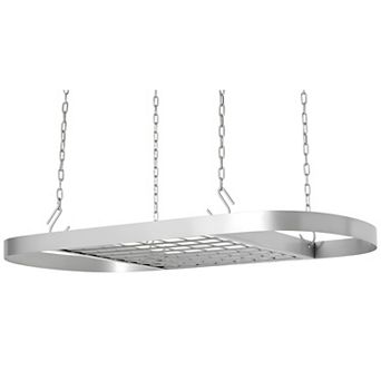 Ceiling Hanging Pot and Pan Rack with Grid Shelf and Hooks, Oval Kitchen Cookware Organizer