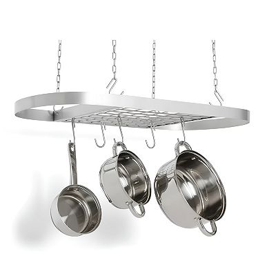 Ceiling Hanging Pot and Pan Rack with Grid Shelf and Hooks, Oval Kitchen Cookware Organizer
