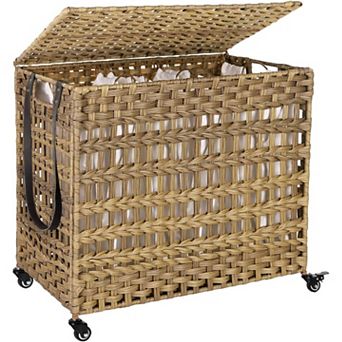 3-Compartment Rolling Laundry Hamper with Handles, Foldable Rattan-Style Laundry Organizer