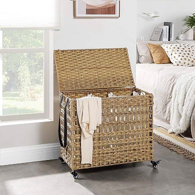 3-Compartment Rolling Laundry Hamper with Handles, Foldable Rattan-Style Laundry Organizer