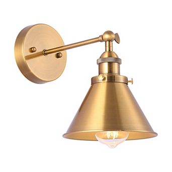7" W Industrial Brass Wall Sconce with Metal Cone Shade