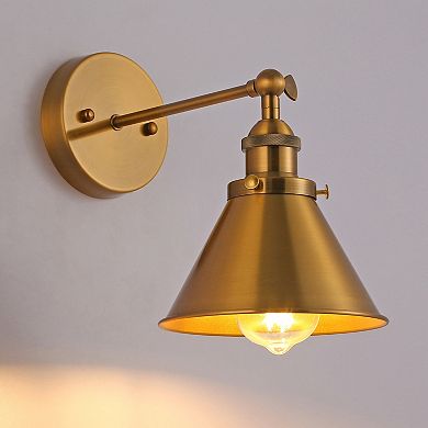 7" W Industrial Brass Wall Sconce with Metal Cone Shade