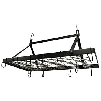 Rectangular Hanging Pot Rack Black Steel Ceiling or Wall Mounted with Hooks 32 in