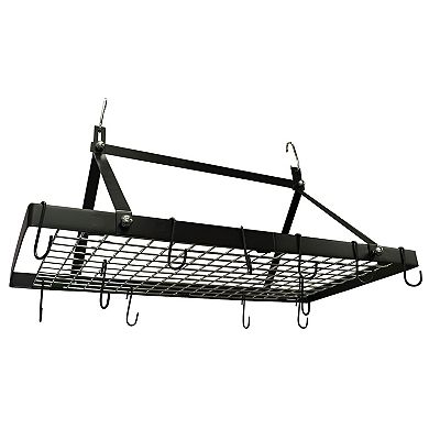 Rectangular Hanging Pot Rack Black Steel Ceiling or Wall Mounted with Hooks 32 inches