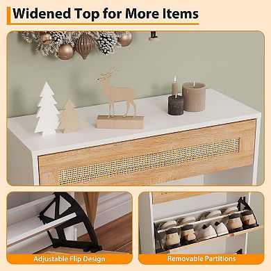 3 Flip Drawers Shoe Storage Cabinet w/1 Drawer, Rattan Shoe Organizer w/Metal Legs