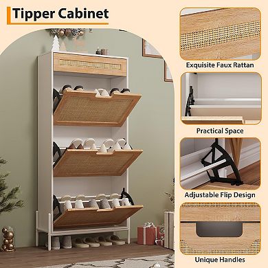 3 Flip Drawers Shoe Storage Cabinet w/1 Drawer, Rattan Shoe Organizer w/Metal Legs