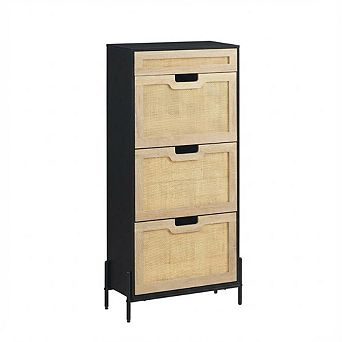 3 Flip Drawers Shoe Storage Cabinet w/1 Drawer, Rattan Shoe Organizer w/Metal Legs