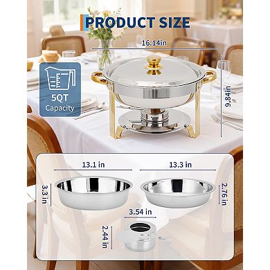 6 Pack Chafing Dishes for Buffet, 5 QT Round Buffet Servers and Food Warmer Set with Lid, Gold