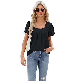 Women Ruffled Cutout Square Neck Top Jacquard Slim-Fit Tailored Hem T-Shirt Breathable Short Sleeve